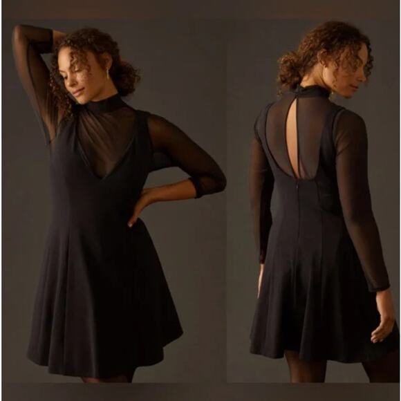 NWT Anthropologie Maeve Layered Sheer Mini Dress in Black‎ Size XS - Picture 1 of 12